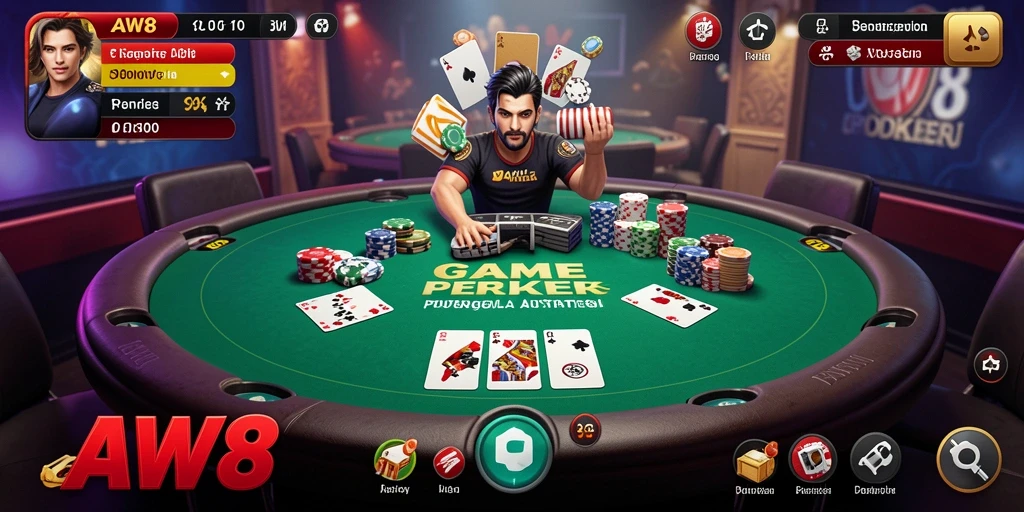 Screenshot gameplay AW8 menampilkan aksi Poker yang seru dan realistis.