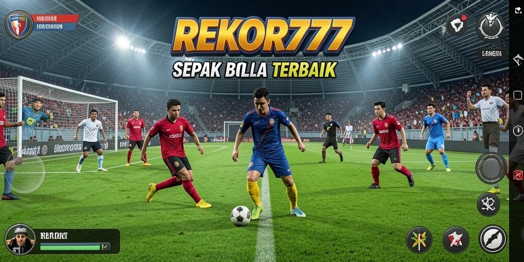 Screenshot gameplay REKOR777 menampilkan aksi sepak bola yang seru.
